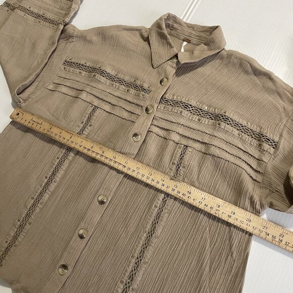 Free People Summer Stars Puffy-Sleeve Button Down Crochet Trim Top XS Brown - Picture 5 of 16